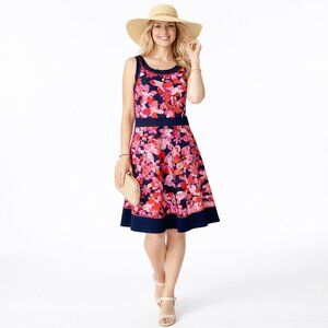 Floral Fit & Flare Dress Navy Pink Garden Party Pockets Sleeveless Lands' End 8